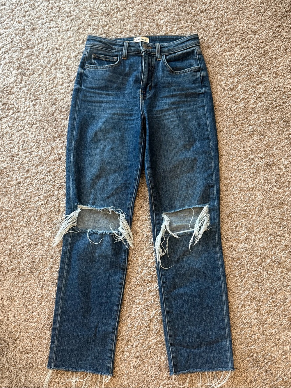 L'AGENCE Dark Blue Straight Leg Distressed Knee Jeans